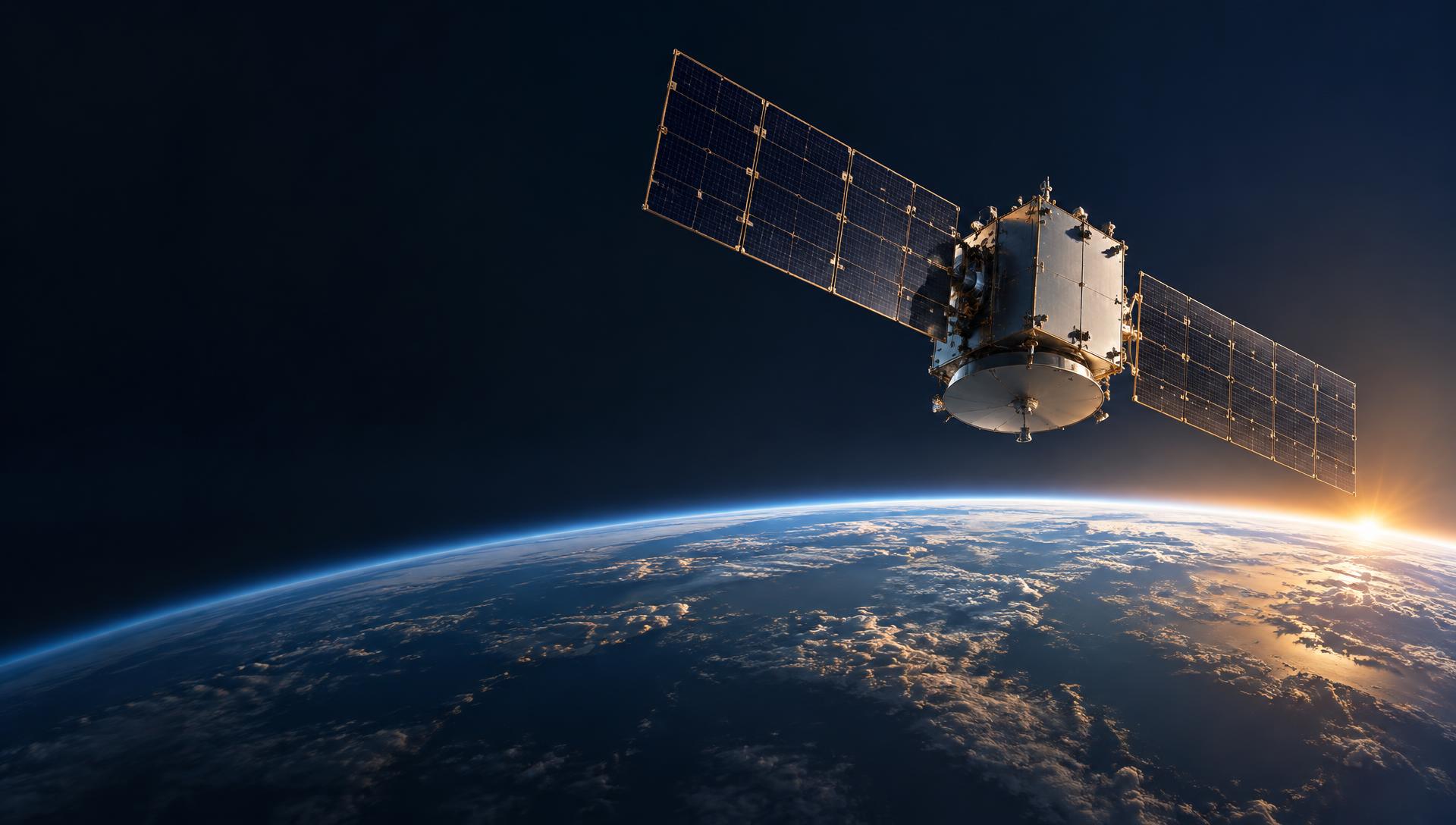 Satellite de communication au-dessus de la Terre à l’aube